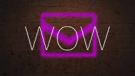 animación digital del texto wow sobre el icono del mensaje púrpura de neón contra la pared de ladrillo