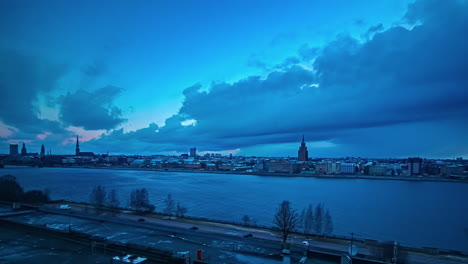 beautiful shot of cityscape and river riga latvia, time lapse of daugava river