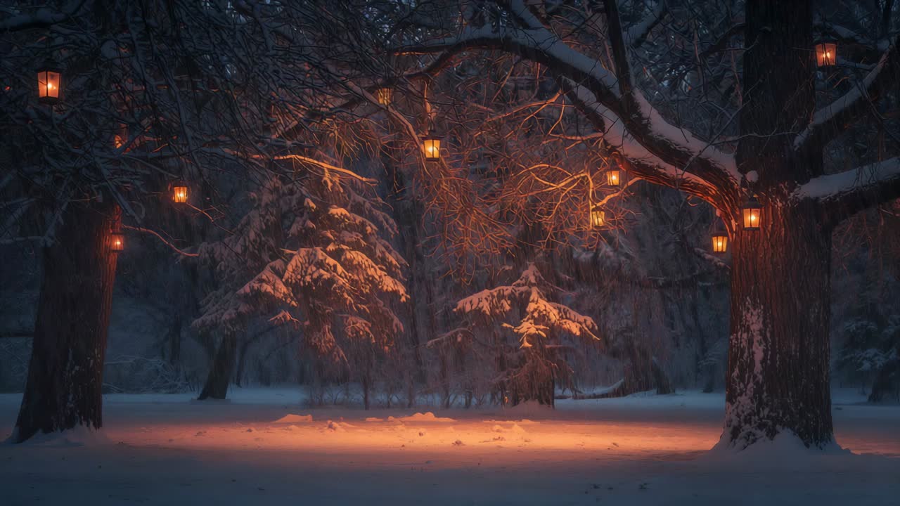 Hämärään reagoivat lepattavat lyhdyt, jotka valaisevat lämpimästi lumipeitteisiä puita metsänaukiolla