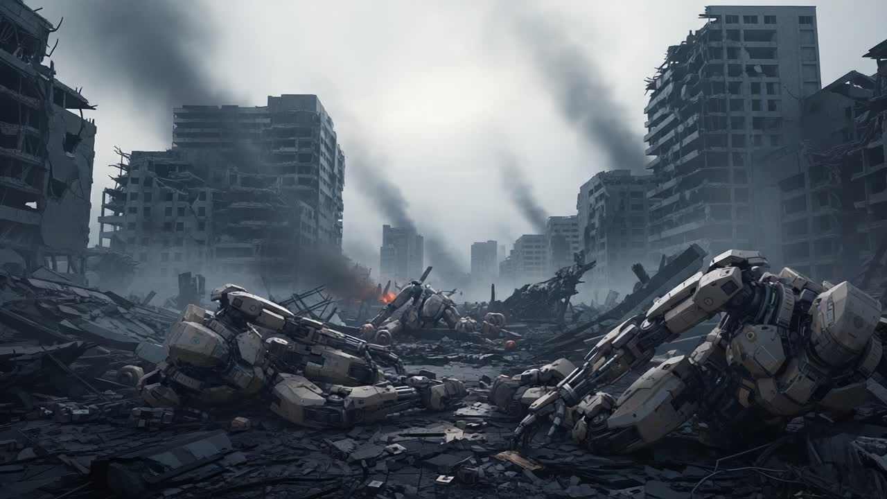 Un paesaggio urbano desolato che mostra le conseguenze di un evento catastrofico, con robot futuristici che giacciono tra le rovine di edifici distrutti e cieli pieni di fumo