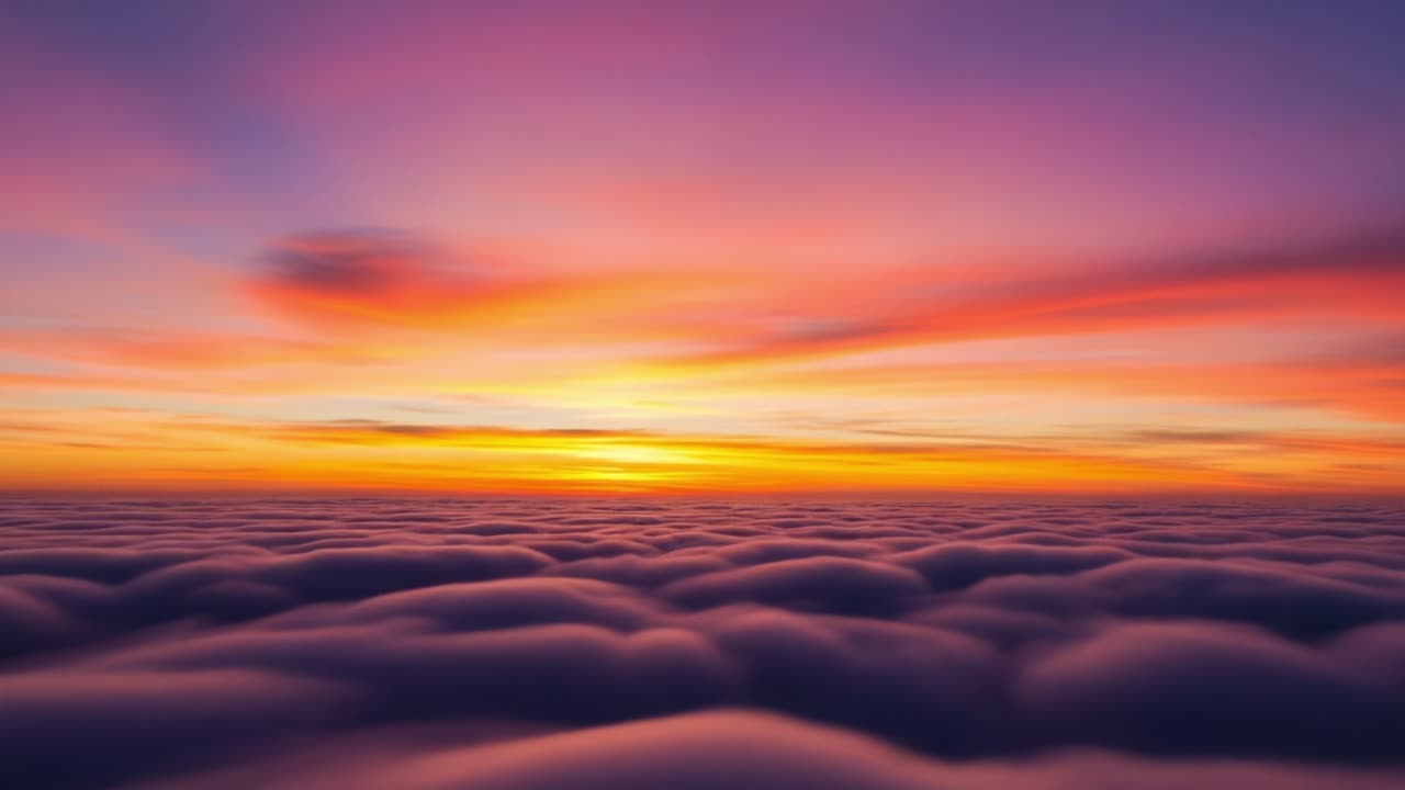 Breathtaking Atmospheric View of Majestic Sunset Over Lush Clouds, Casting Vibrant Colors Across the Sky and Creating a Serene, Dreamy Landscape