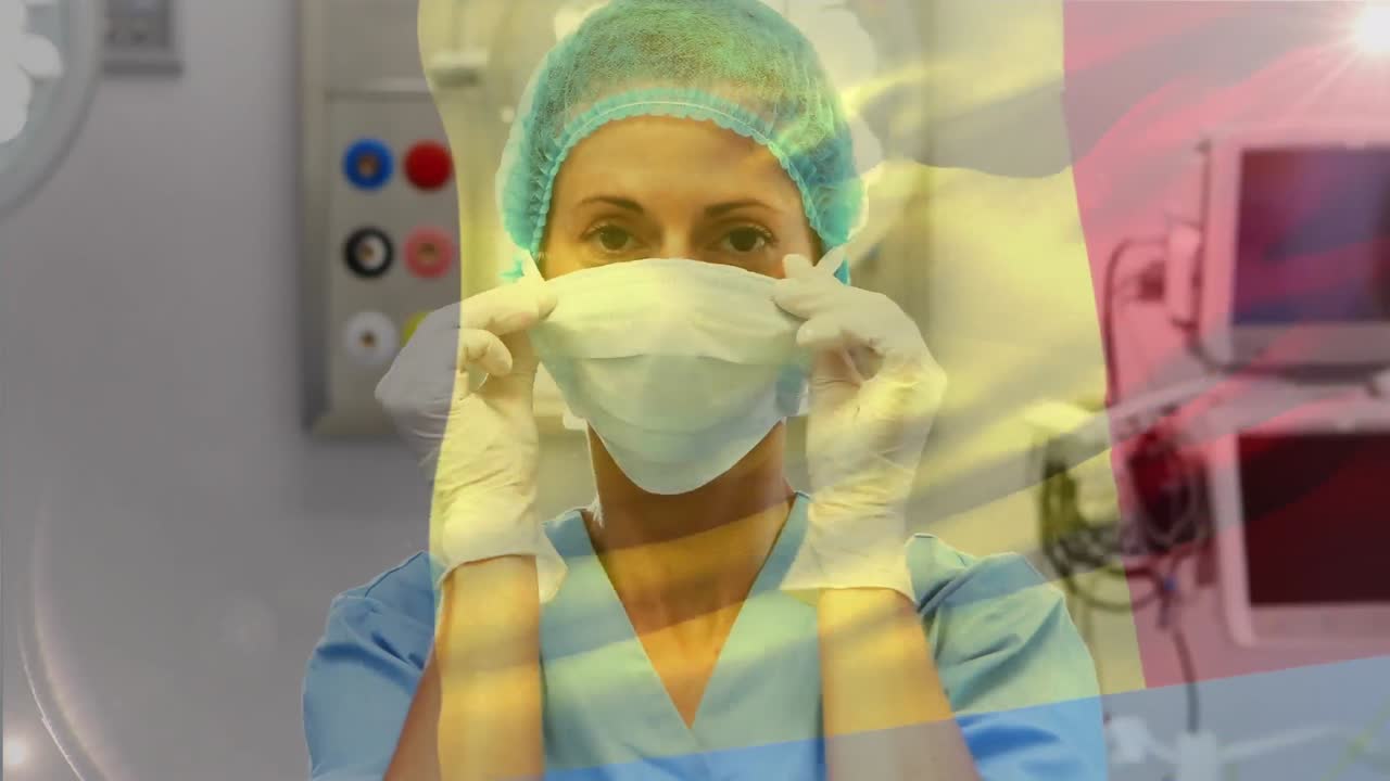 Animação da bandeira da Romênia tremulando sobre cirurgiões em uma sala de cirurgia