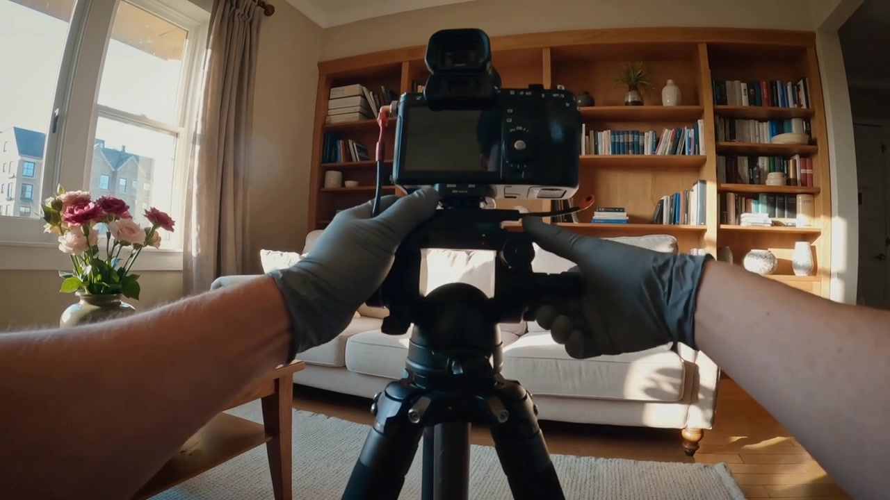 Preparazione iniziale, un fotografo guantato fissa la DSLR sul treppiede, allineando la piastra a sgancio rapido a casa.