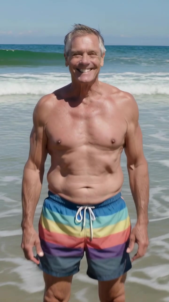 Video verticale: Uomo anziano sorridente che allarga il sorriso rispondendo allo zoom della telecamera sulla riva, costume da bagno arcobaleno.
