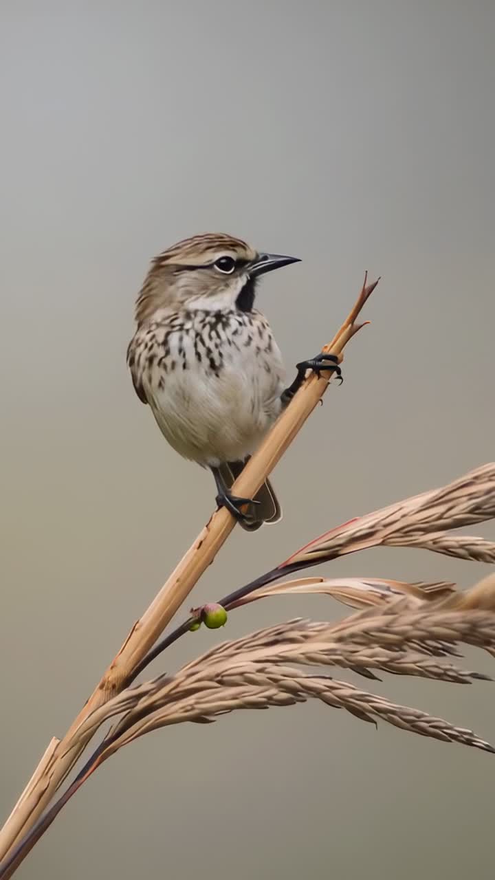 Video verticale: Piccolo uccello appollaiato su uno stelo di canna con spighe secche, gira la testa e scandaglia l'area circostante.