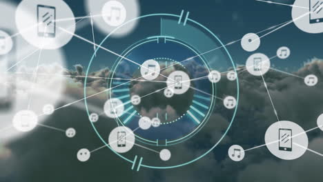 animación de la red de conexiones con iconos digitales sobre el escaneo del alcance