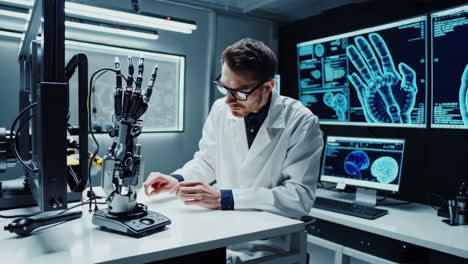 scientist working on a robotic prosthetic arm in a high-tech laboratory