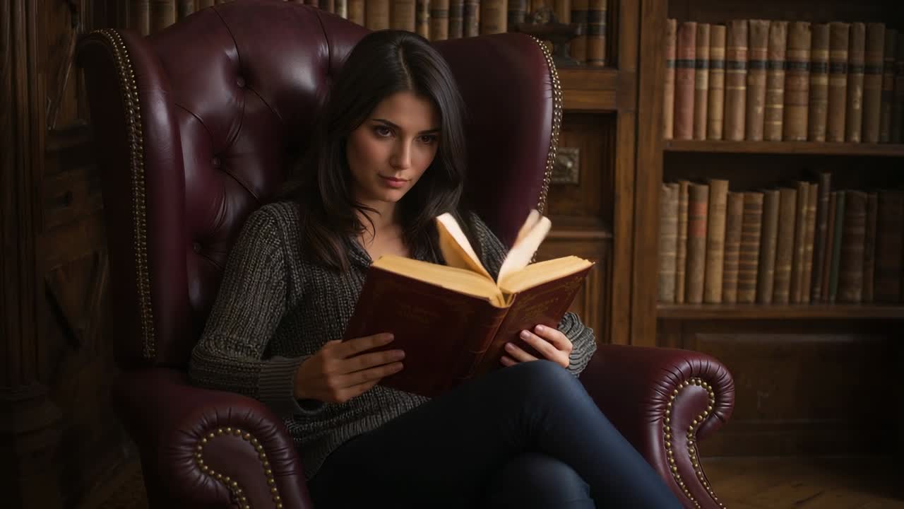 Femme en pull gris changeant de position, ajustant sa prise, tournant les pages d’un livre relié, lisant dans un fauteuil en cuir