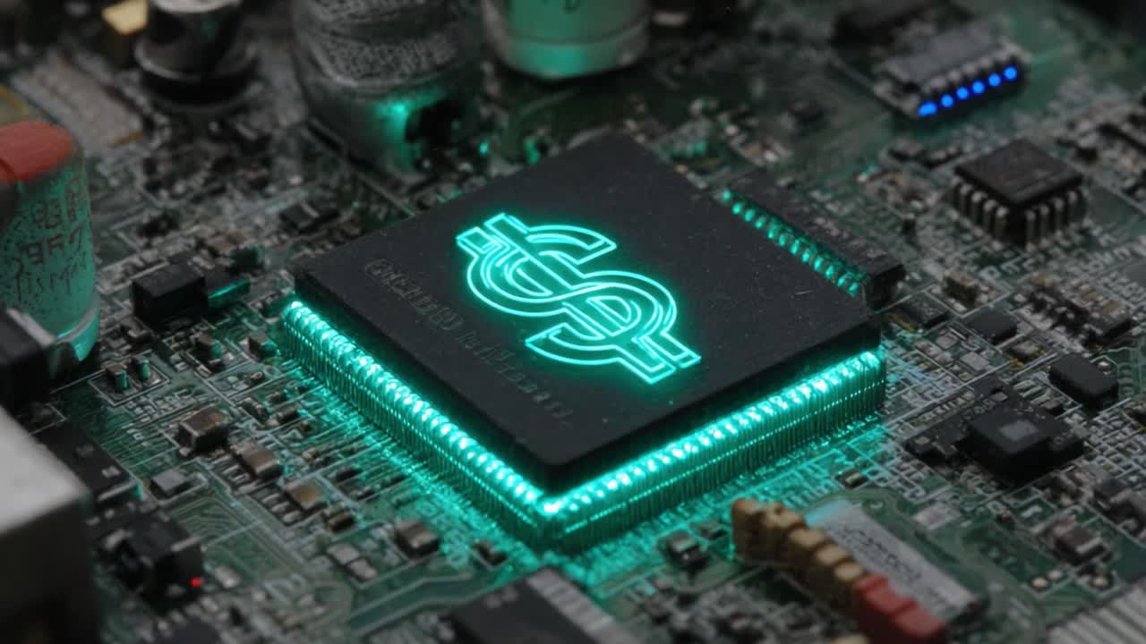 Close-Up View of a High-Tech Circuit Board Featuring a Glowing Microchip that Highlights Modern Electronics and Technology Integration
