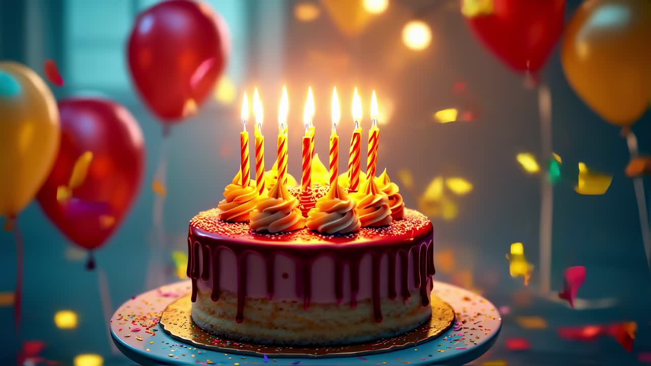 Festive scene of a birthday cake with lit candles surrounded by colorful balloons and confetti, creating a joyful and celebratory atmosphere