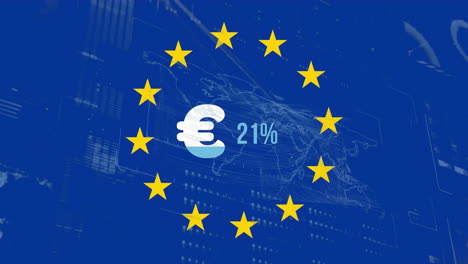 animation of financial data processing over euro sign and flag of euopean union