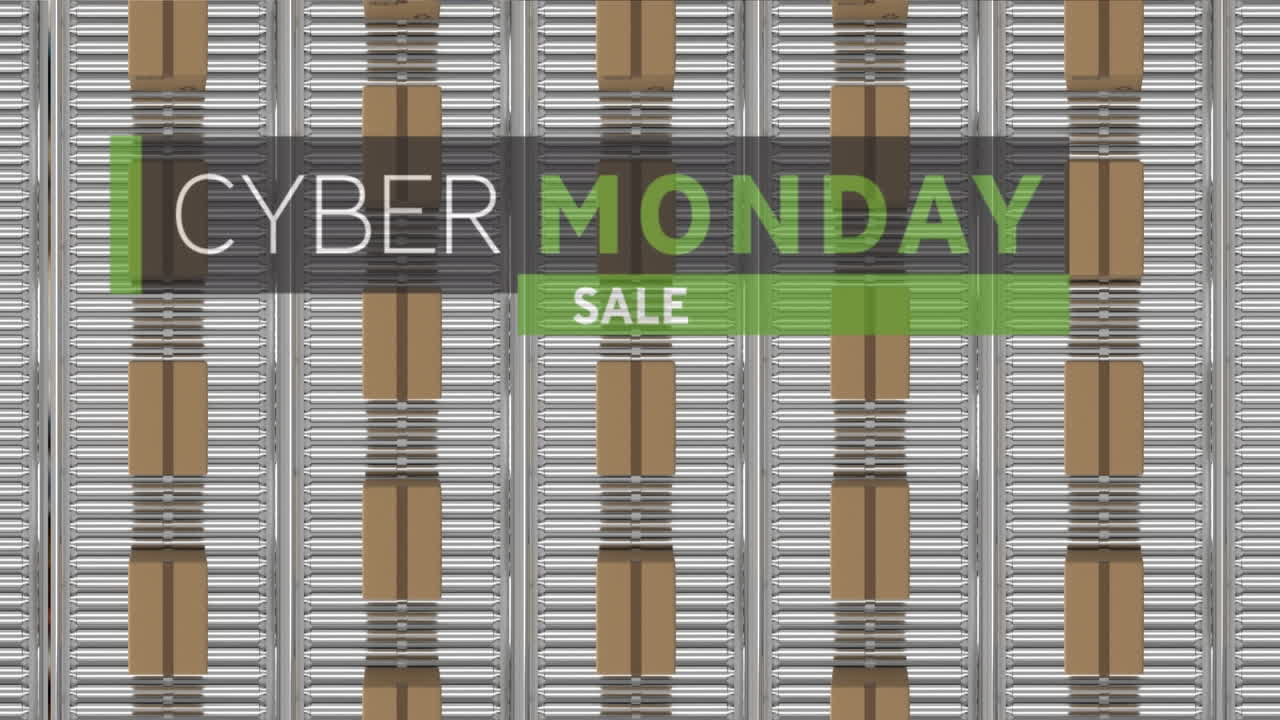 Animation of cyber monday sale text over cardboard boxes on conveyor belts