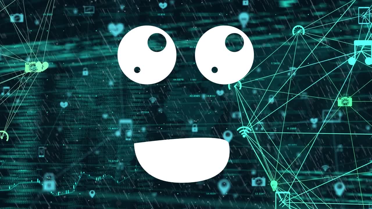 Animation of eyes and mouth over data processing on black background