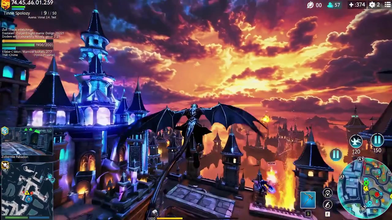 Combate Épico de Jogo de Fantasia com Personagens Voadores em uma Cidade Mágica