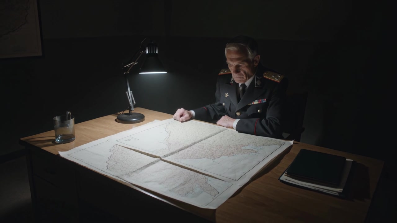 Accensione della lampada da scrivania, ufficiale superiore in uniforme scura chinato su una mappa in una stanza in penombra, intento a pianificare.