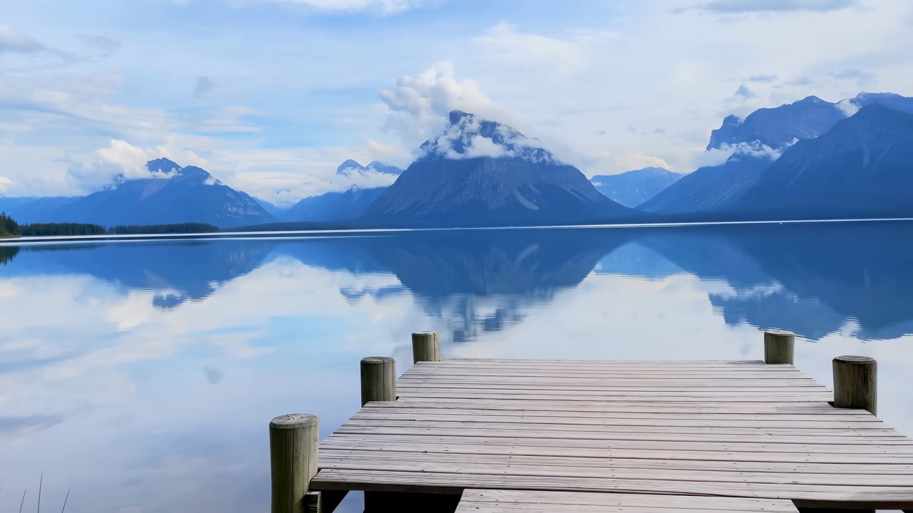Serene Mountain Lake With Wooden Dock, Glassy Reflection Of Snowcapped Peaks, Mist Drifting Over Calm Blue