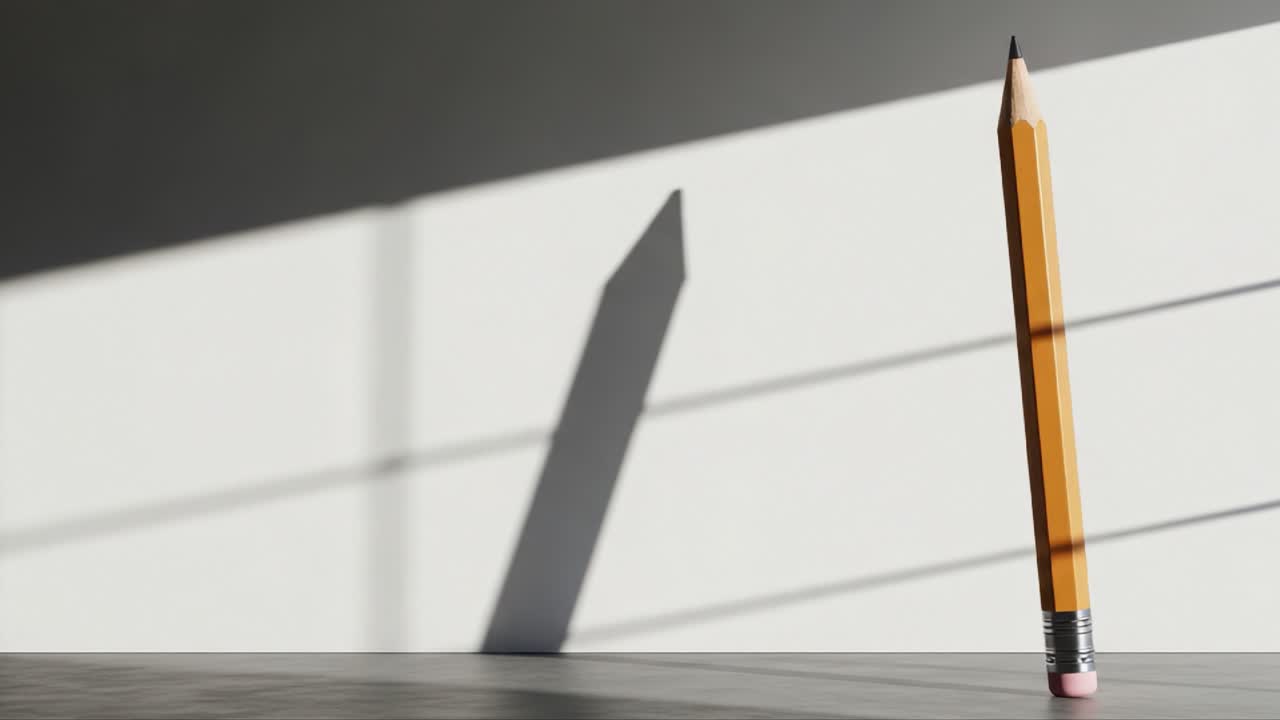 An Elegant Still Life Featuring a Yellow Pencil Standing Upright, Casting Intriguing Shadows on a Textured Surface Under Soft Lighting in a Minimalistic Environment