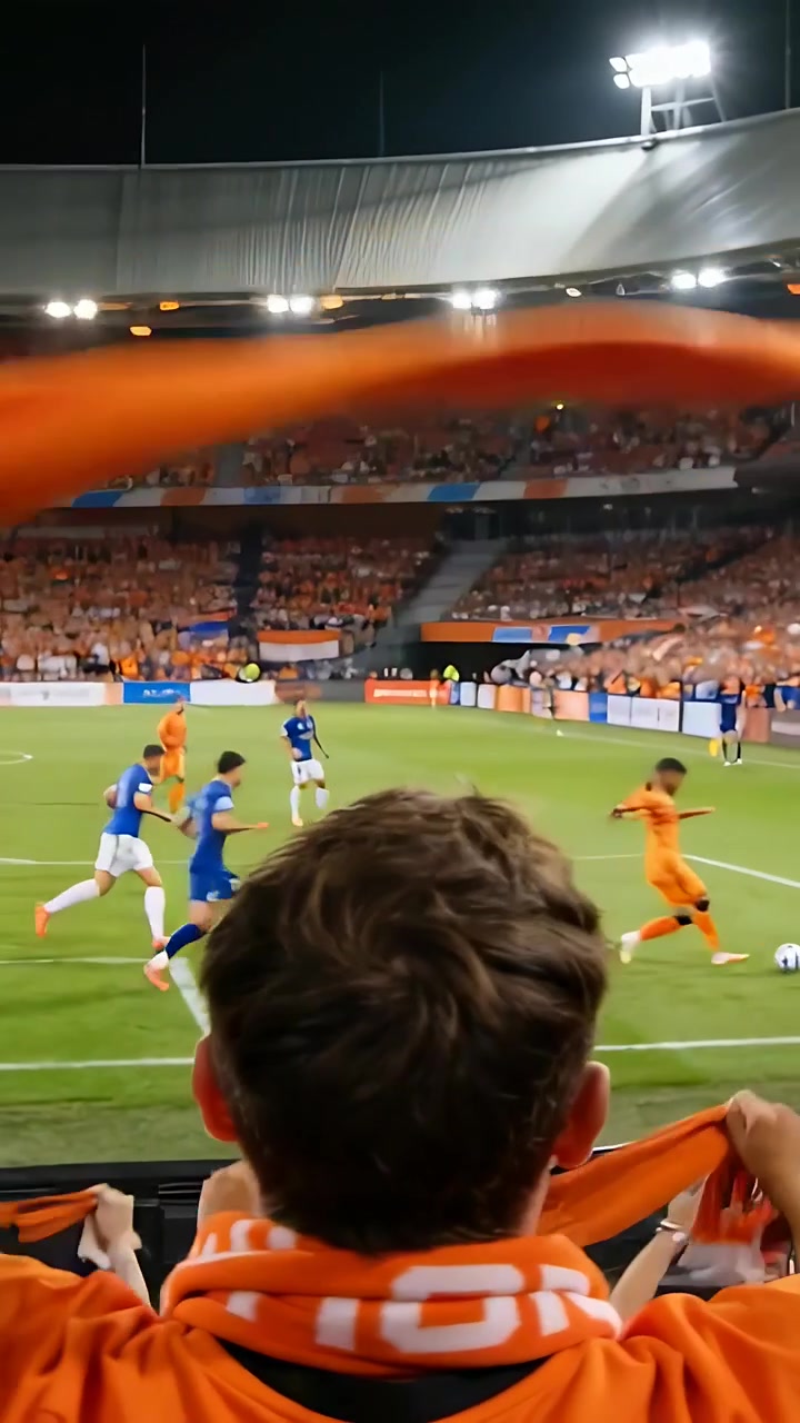 Video vertical: Hombre con camiseta naranja observando un ataque cerca del área, agitando una bufanda en las gradas inferiores con un balón