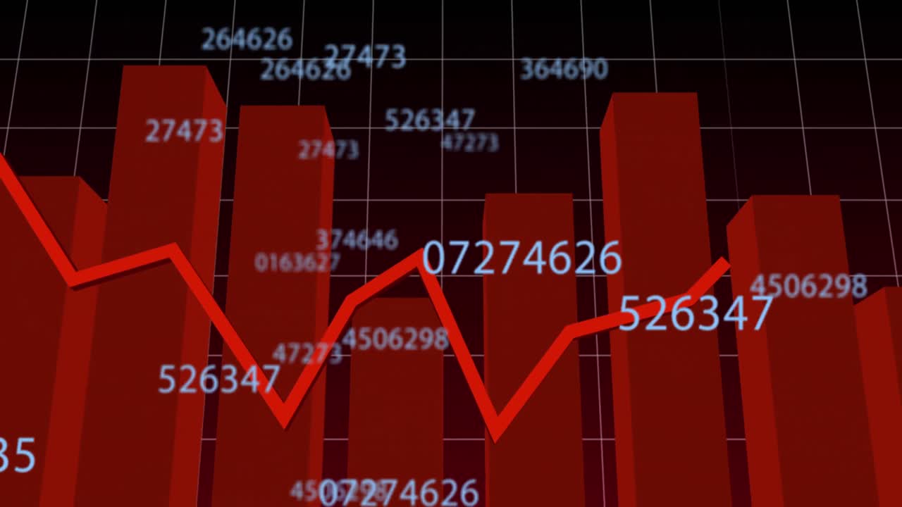 animación de la interfaz digital con números cambiantes, procesamiento de datos financieros y estadísticas