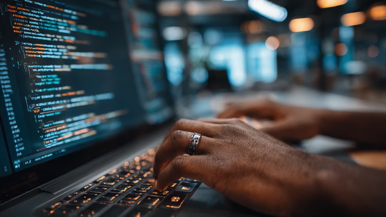 Focused Programmer Typing Code on a Laptop in a Modern Workspace, Illuminated Screen Displaying Complex Programming Language Syntax