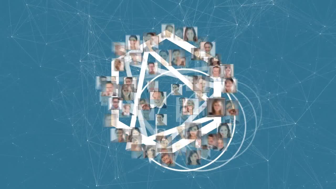 Animation of globe of network of connections with people's photos and geometric figures