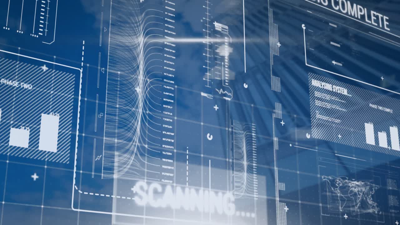 도시 풍경 위의 데이터 처리 애니메이션