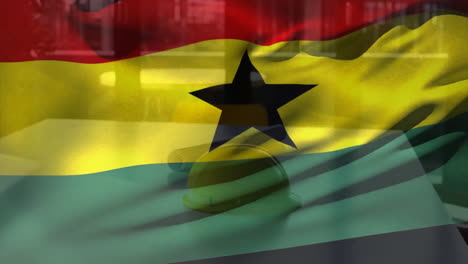 animation of flag of ghana waving over yellow helmet and floor plan on table against glass window