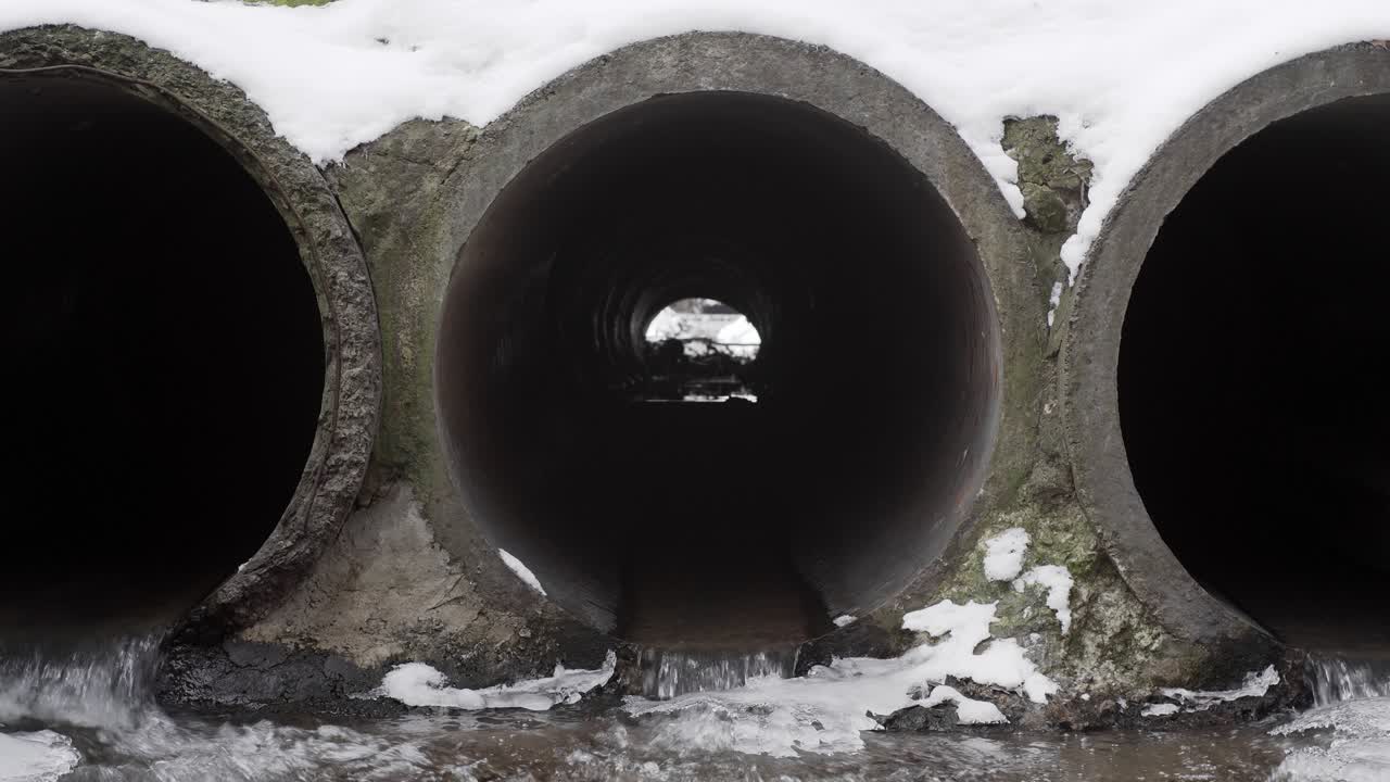 Concrete drainage pipes that remove melted snow and ice.