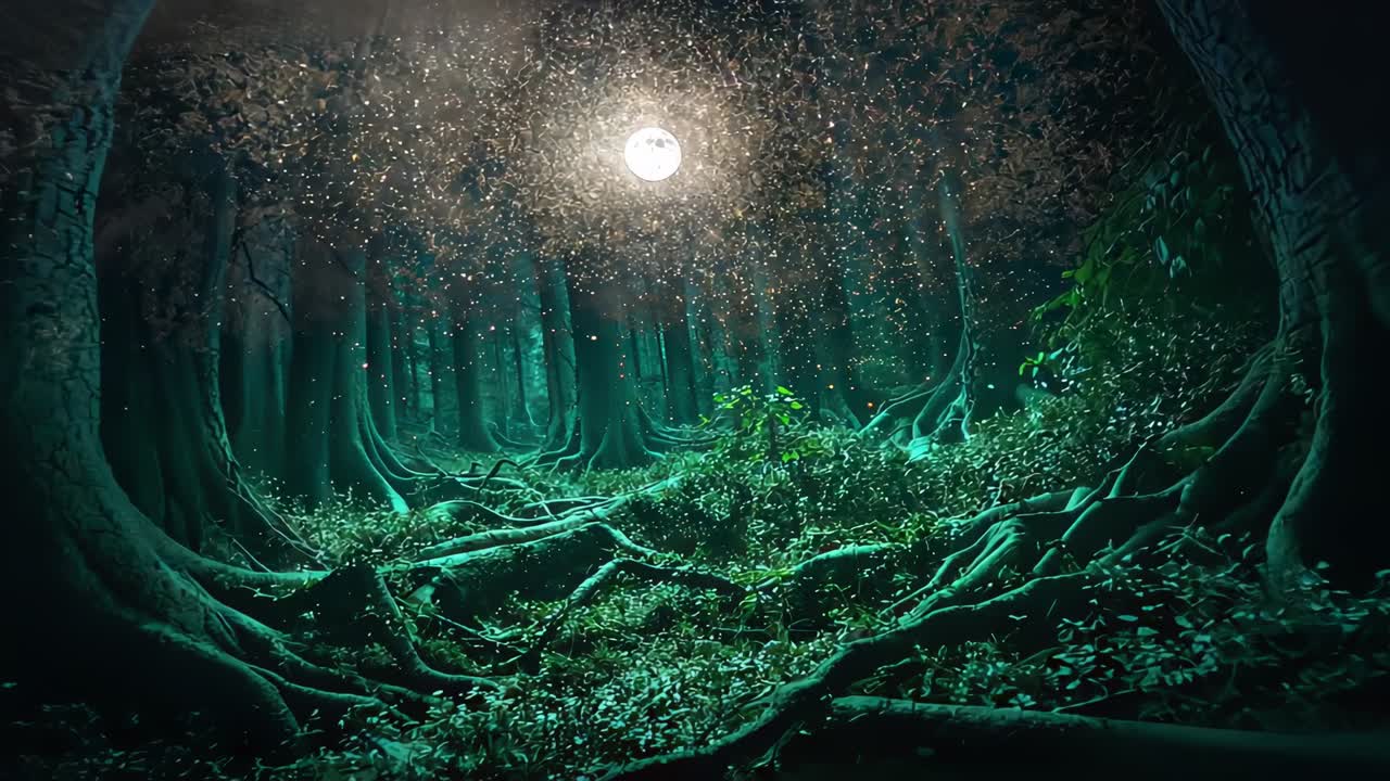 Rotating camera revealing mossy root mound inside deep shaft, exposing root arches and glowing orb