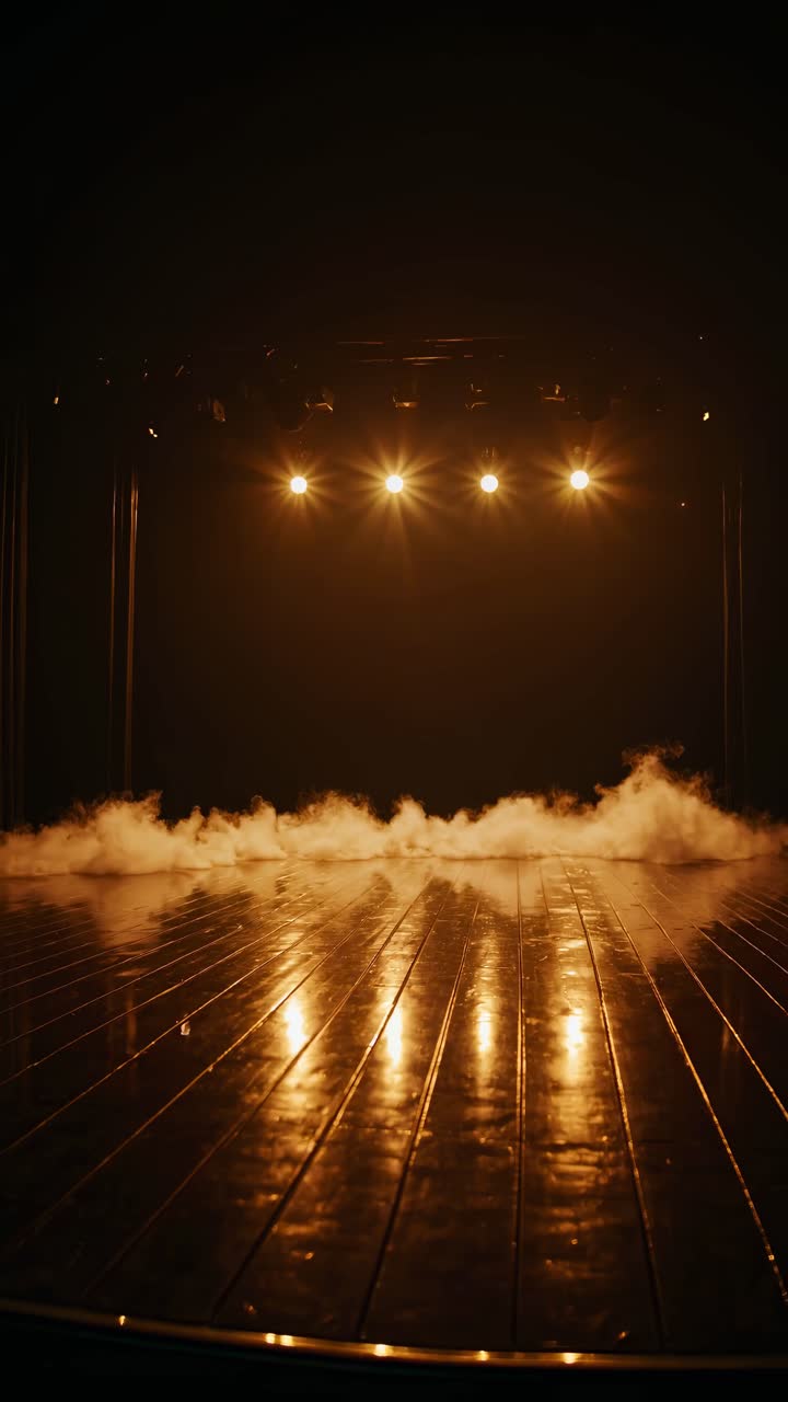 Low-Angle-Aufnahme einer schwach beleuchteten Bühne mit Nebel und bunten Lichtern, die eine dramatische Atmosphäre erzeugt