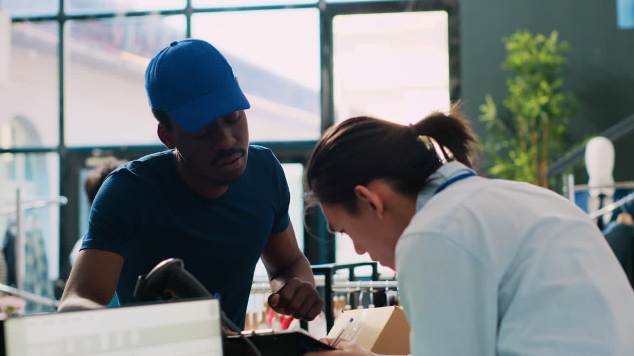 trabajador firmando el informe de entrega de paquetes