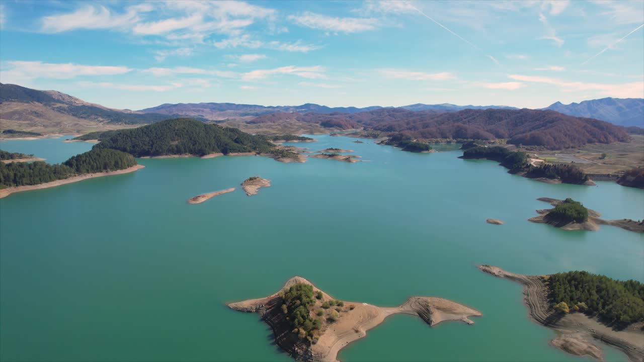 Lake Aoos Greece Aerial Point of Interest Shot, Panoramic View of Aoos Springs Lake in Aurumn Colors Nature, Metsovo Region Greece