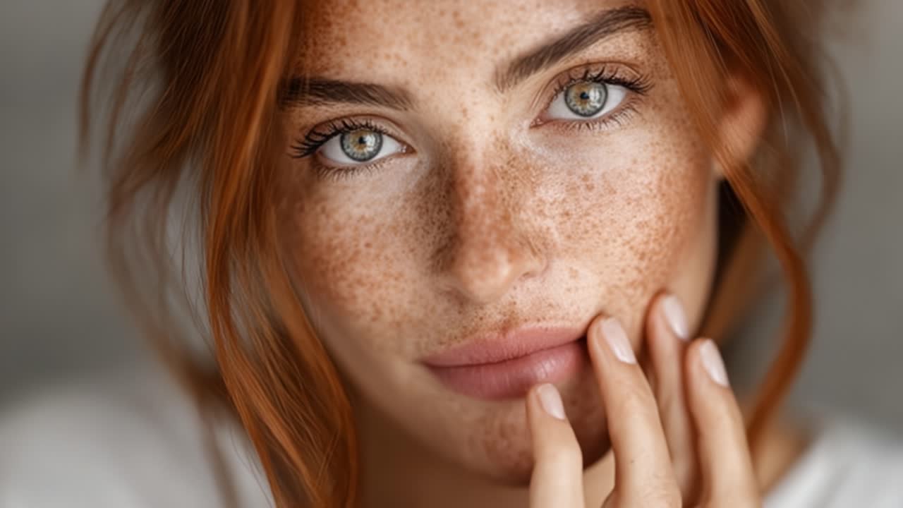 Un ritratto ravvicinato di una giovane donna con lentiggini e occhi intensi, che cattura intimità e bellezza naturale con luce soffusa.