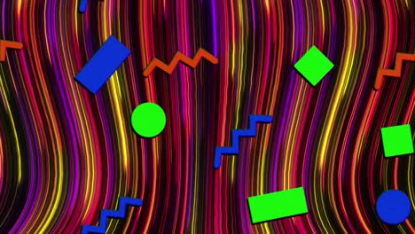 Animation-of-colorful-abstract-shapes-over-light-trails-in-seamless-pattern-against-black-background