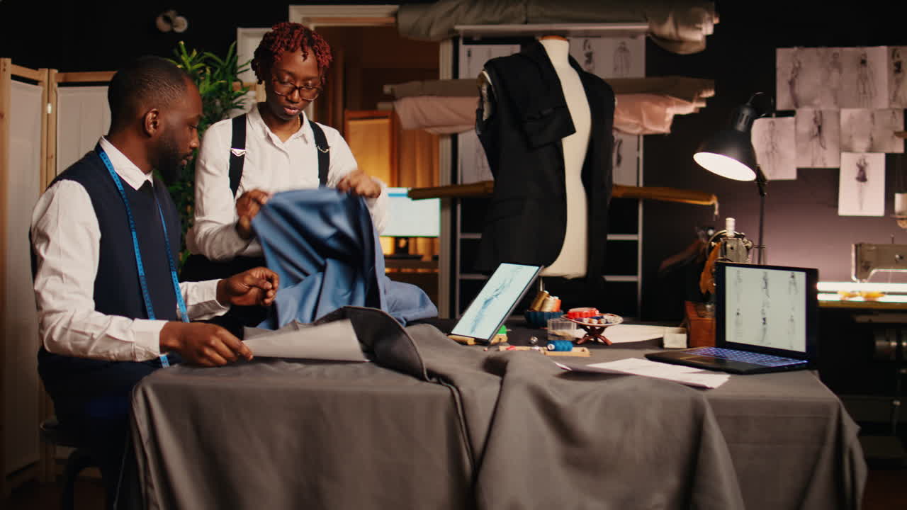 Couturiers preparing fabric garment