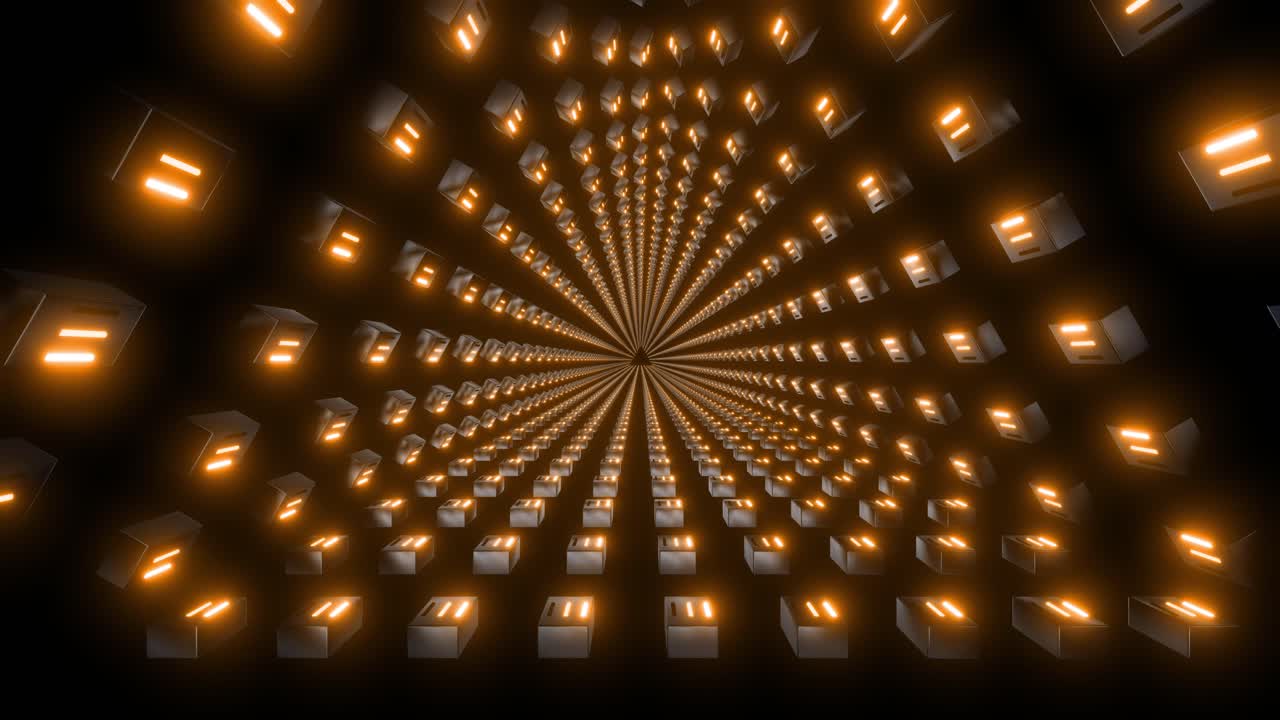 빛나는 큐브가 있는 추상적인 미래의 터널