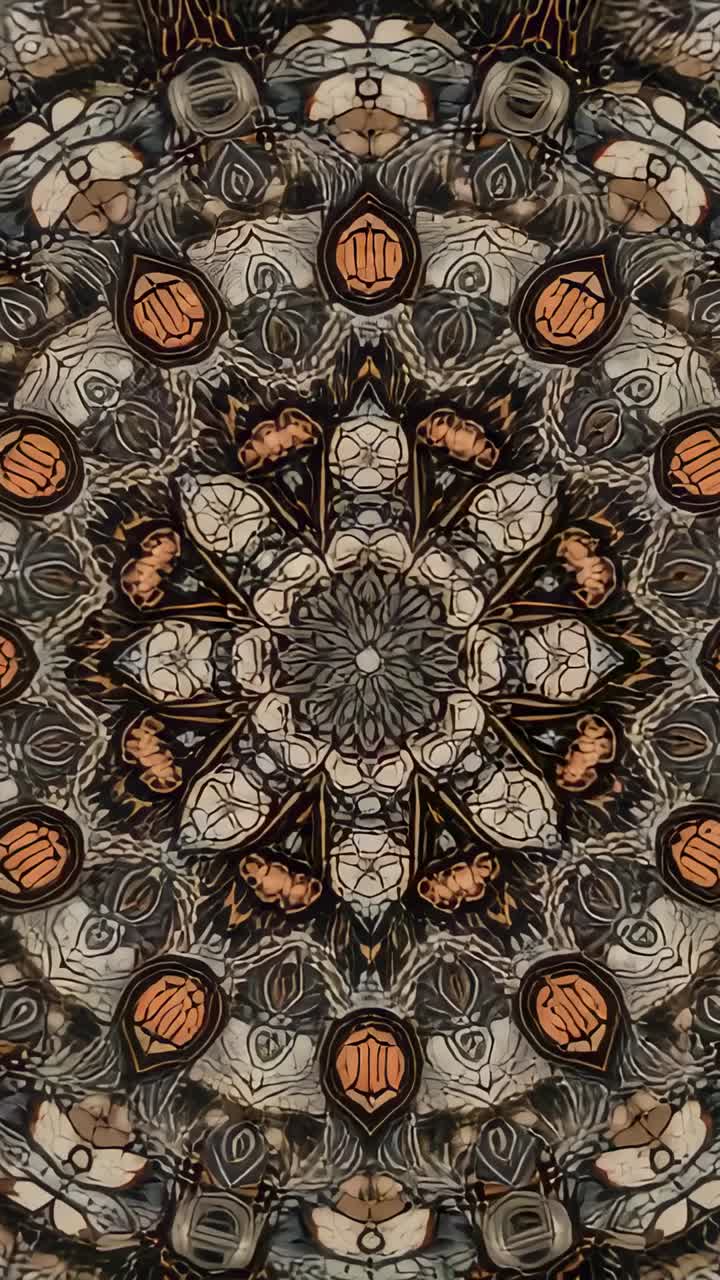Vertical video: Kaleidoscope mandala spinning in vertical frame revealing rosette and teardrops