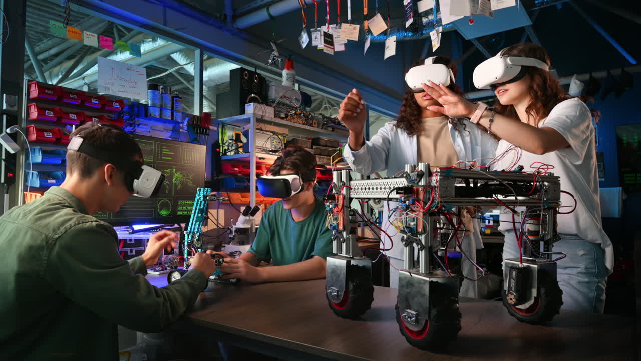 Group of young people in VR glasses doing experiments in robotics in a laboratory. Robots on the table