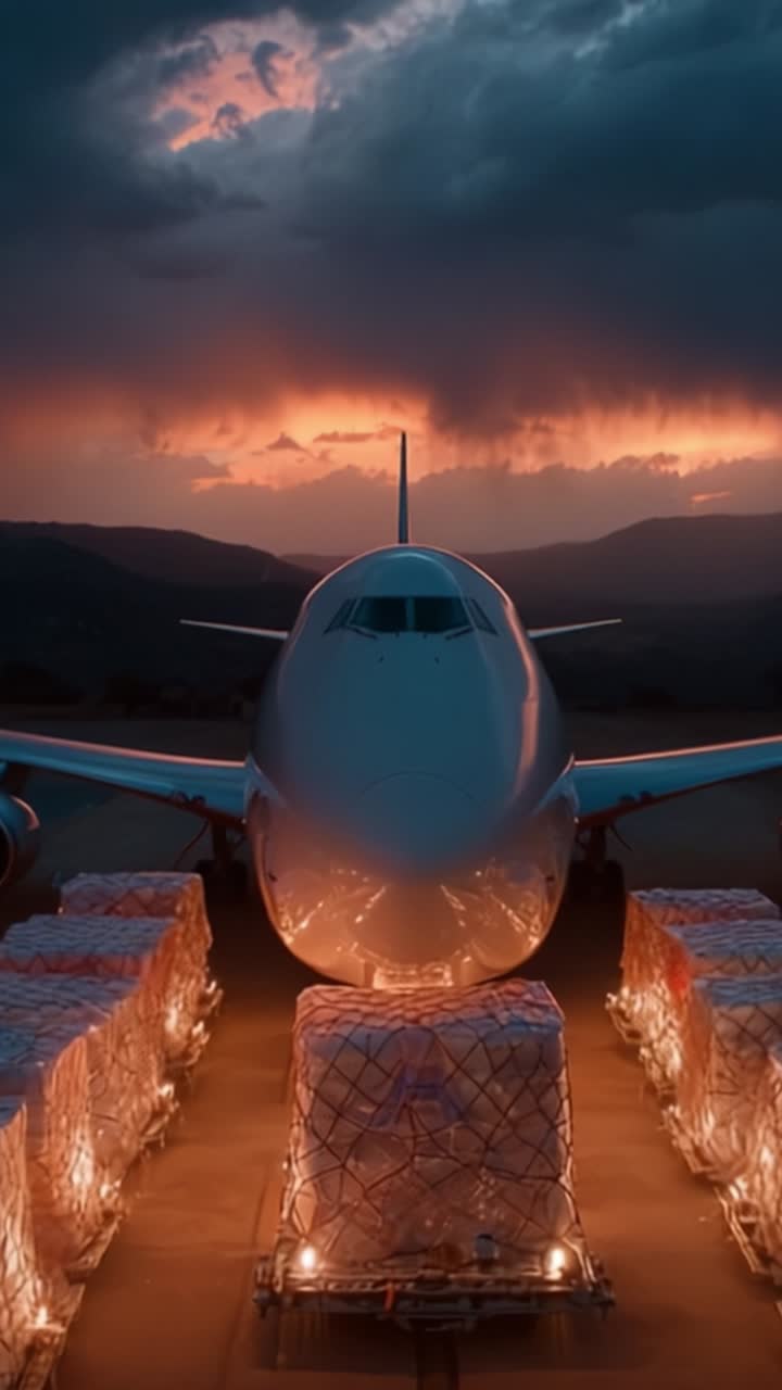 Un aereo cargo attende il decollo al tramonto, circondato da container impilati, con un cielo drammatico che crea uno sfondo visivamente mozzafiato per le operazioni logistiche