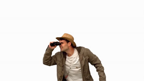 man jumping and using binoculars on white screen