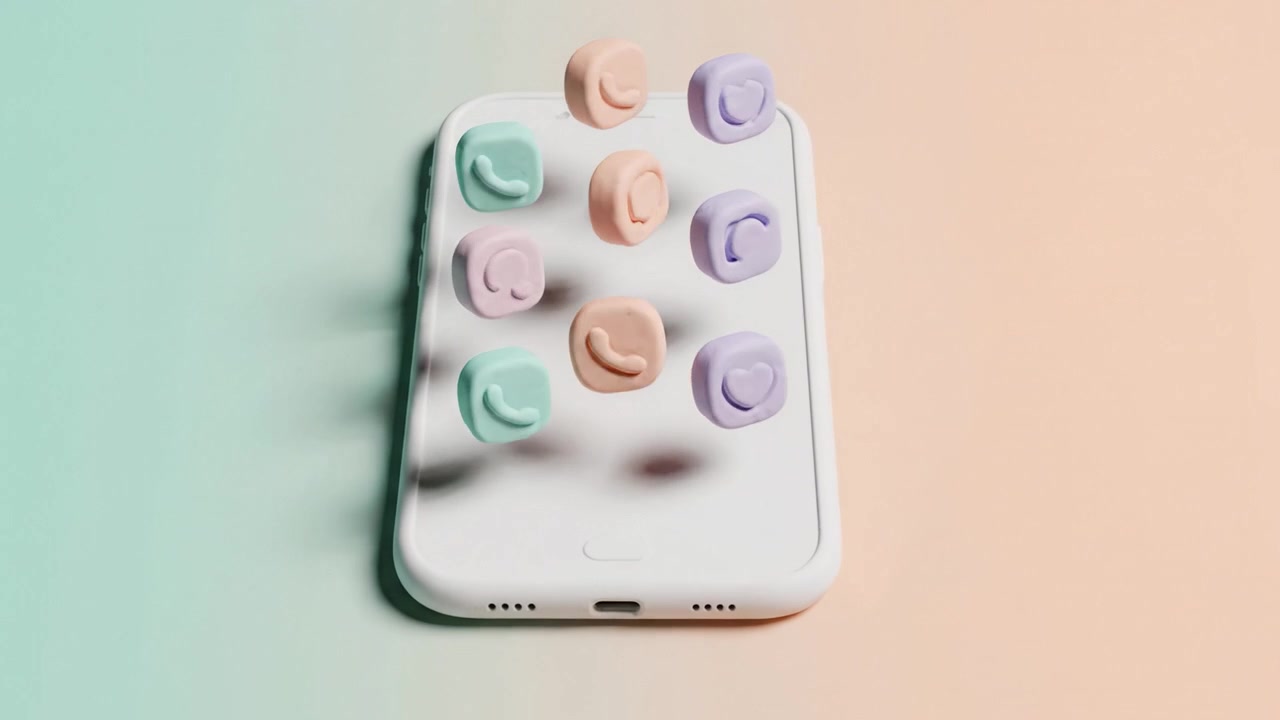 Smartphone cativante com botões coloridos e divertidos, ilustrando um design moderno, criatividade e estética vibrante contra um fundo suave e desbotado.