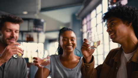 Group-Of-Friends-Meeting-Up-In-Restaurant-Doing-Cheers-With-Water