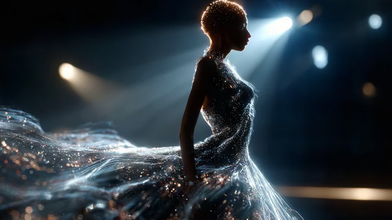 A mesmerizing silhouette of an ethereal figure draped in a shimmering gown, illuminated by captivating stage lights, radiating elegance and grace in a stunning display of high fashion and artistry