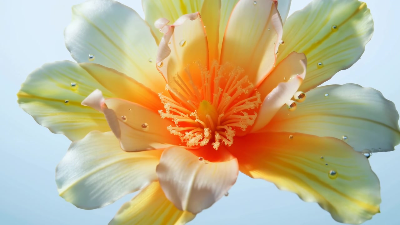 Luminescent Yellow Orange Bloom With Dew, Translucent Petals And Warm Backlight, Soft Blue Background,
