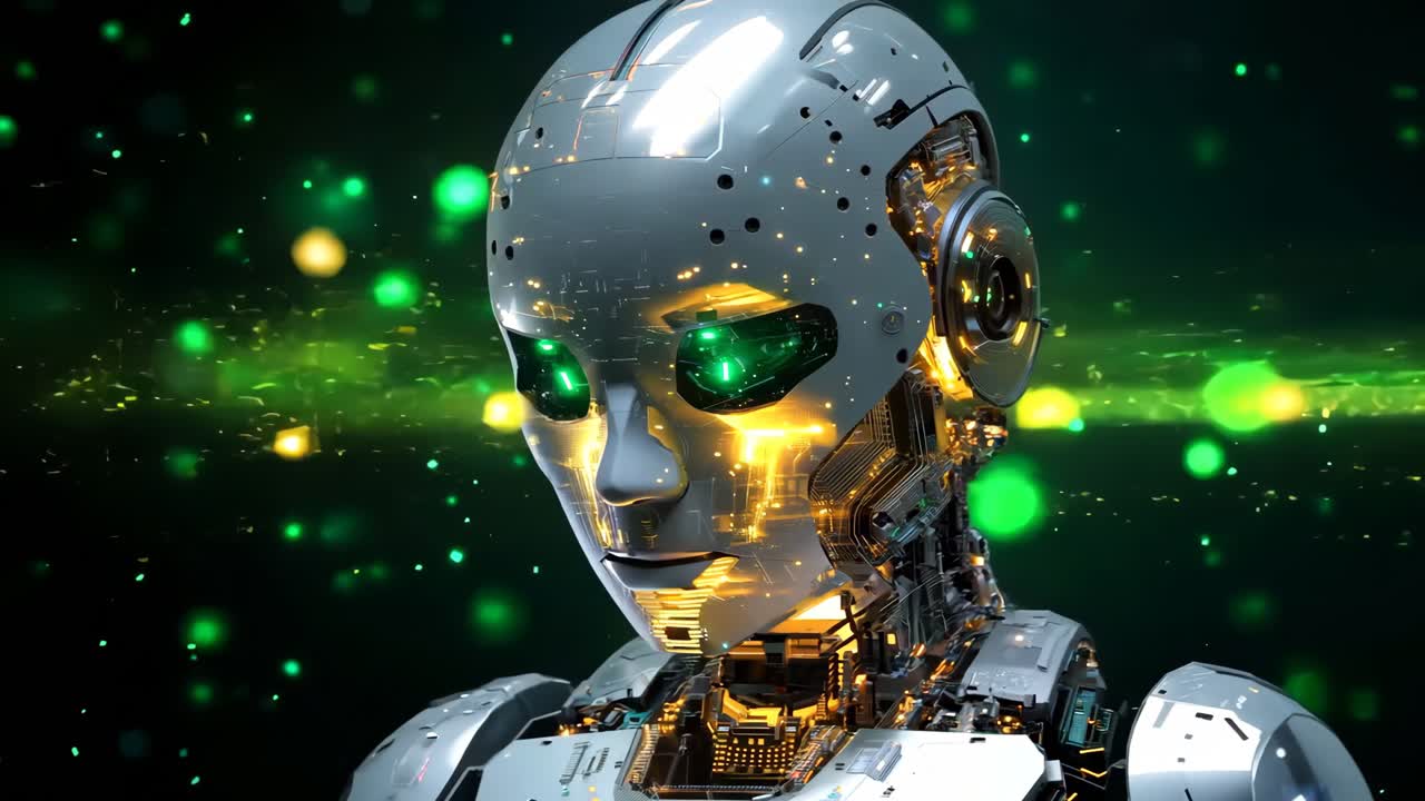 un robot con gli occhi verdi luminosi in una stanza buia