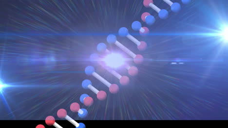 파란색 배경에 반 ⁇ 이는 빛으로 회전하는 dna 가닥의 애니메이션