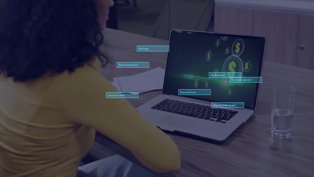 Woman watching laptop starting frame 3 coins appearing onscreen labels multiplying tracking finance