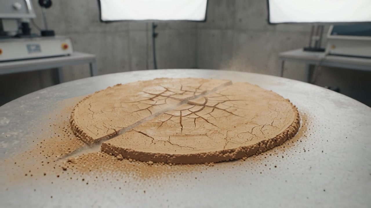 Cracking circular disc shedding dust as unseen cutter carving groove on metal turntable in test lab