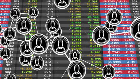 network of user icons animation over financial data and stock market figures