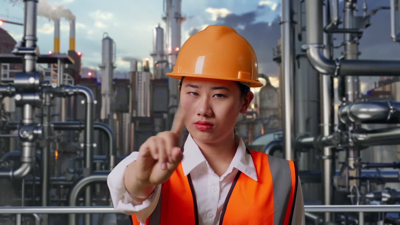 Woman Engineer Gesturing Stop in Industrial Facility
